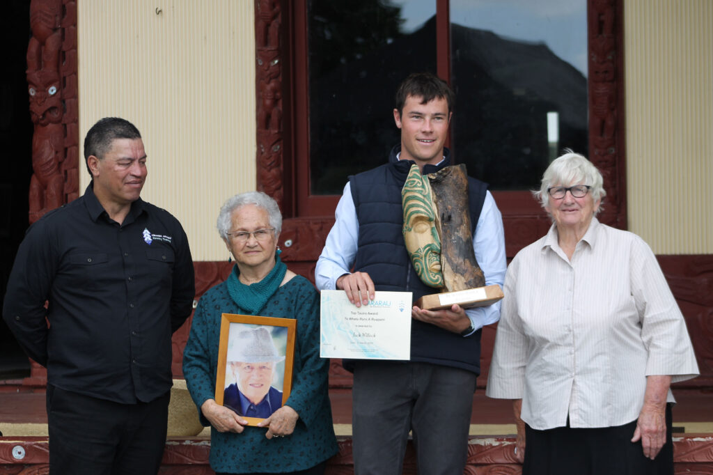 Ruapani Forestry Manager Henry Mulligan, Win Ruru and inaugural recipient of Te Whatu Ruru a Ruapani, Jack Willock with Tūranga Ararau manager, Sharon Maynard.